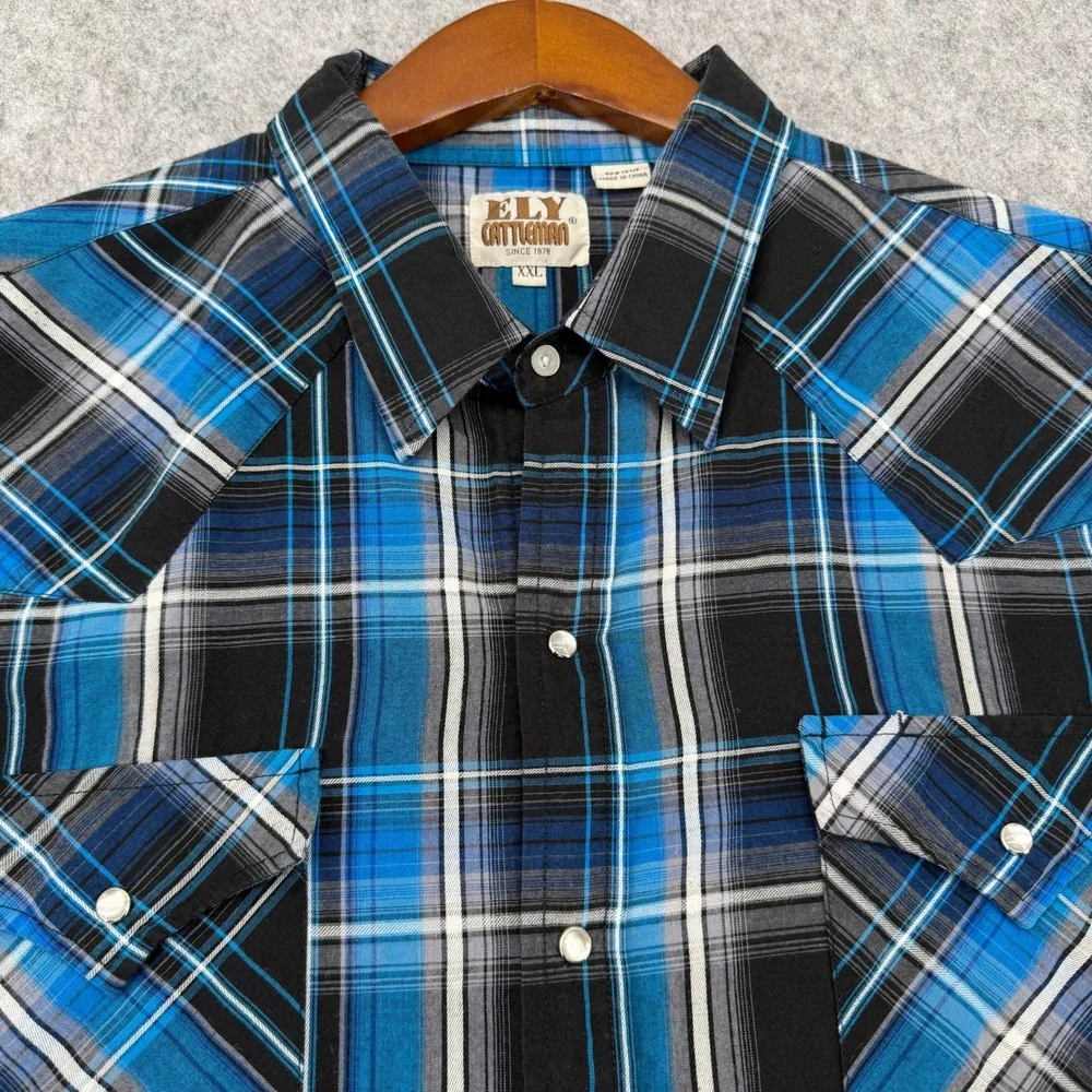 Ely Cattleman Mens XXL Blue Plaid Pearl Snap Western Long Sleeve Shirt